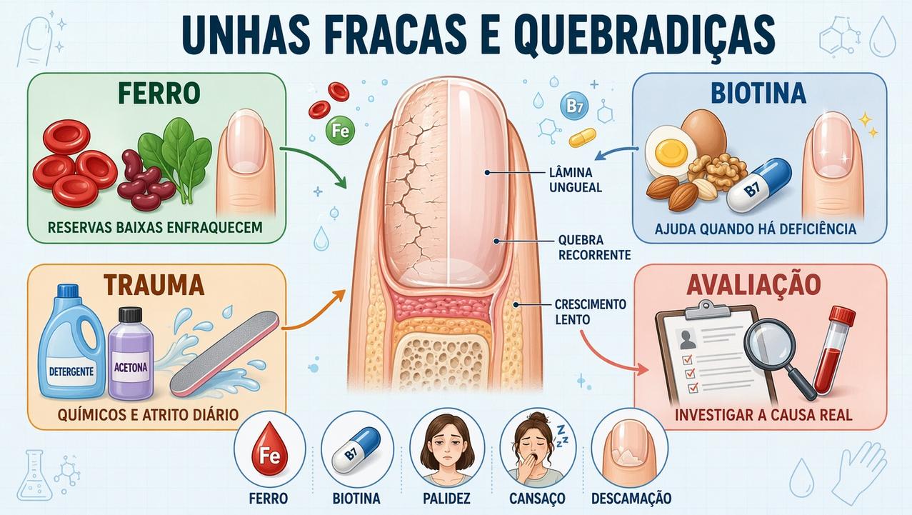 Ferro, biotina, trauma e avaliação clínica orientam a investigação das unhas.