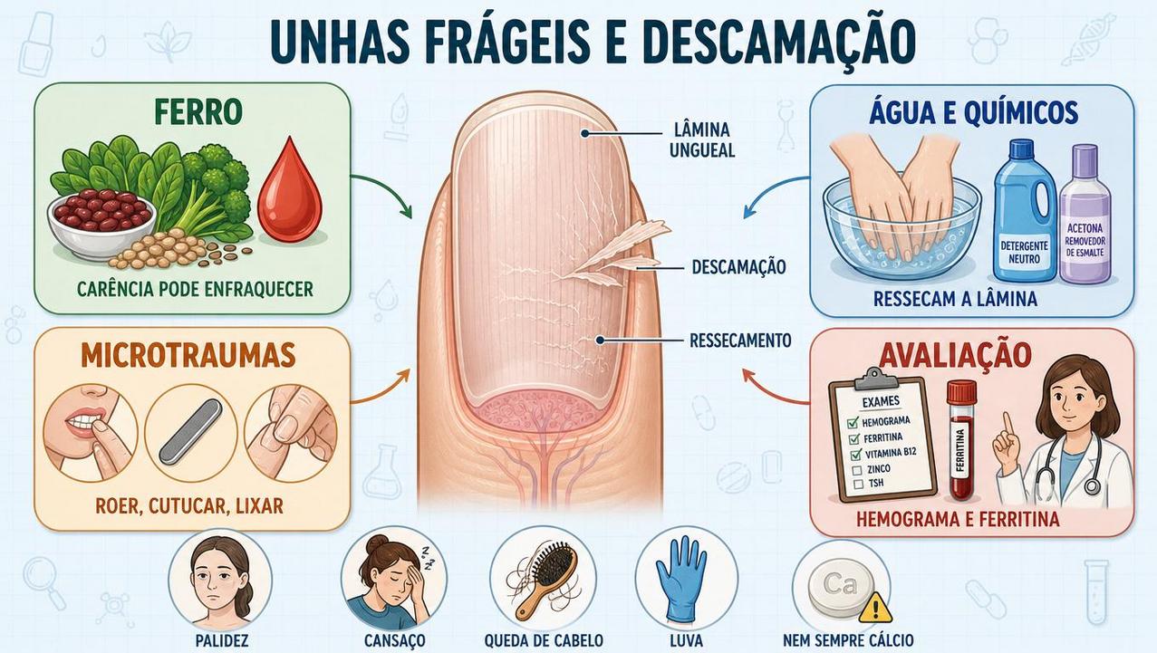Infográfico resume ferro, químicos, microtraumas e avaliação clínica nas unhas frágeis.