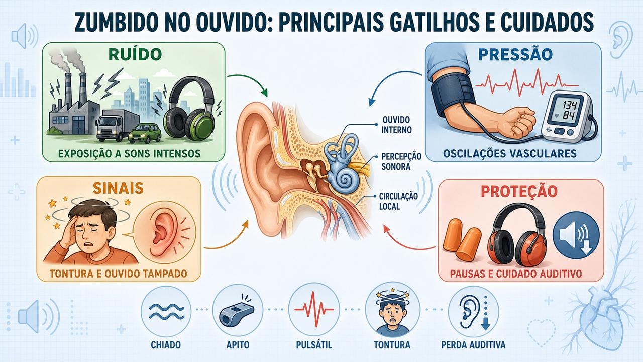 Infográfico resume gatilhos, sinais e cuidados principais para o zumbido no ouvido.