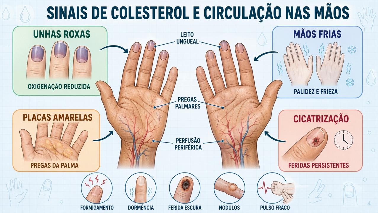Infográfico resume quatro sinais visíveis nas mãos ligados ao risco vascular.