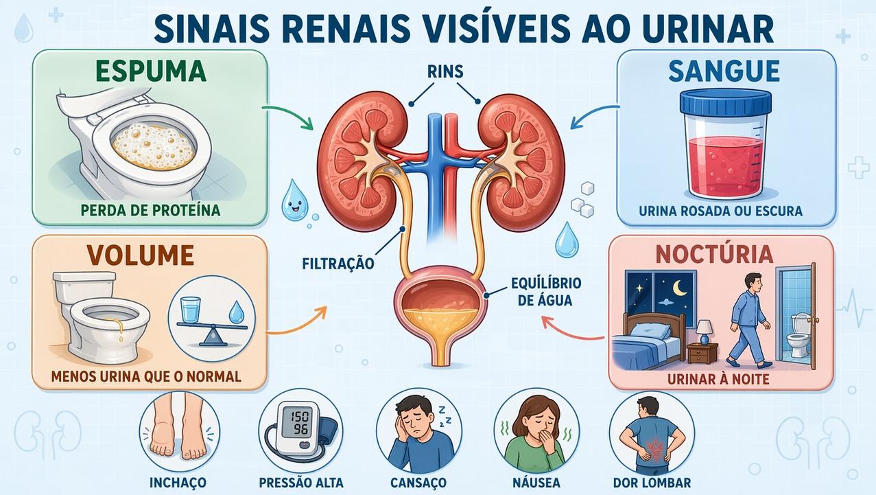Espuma, sangue, noctúria e baixo volume urinário exigem atenção aos rins.