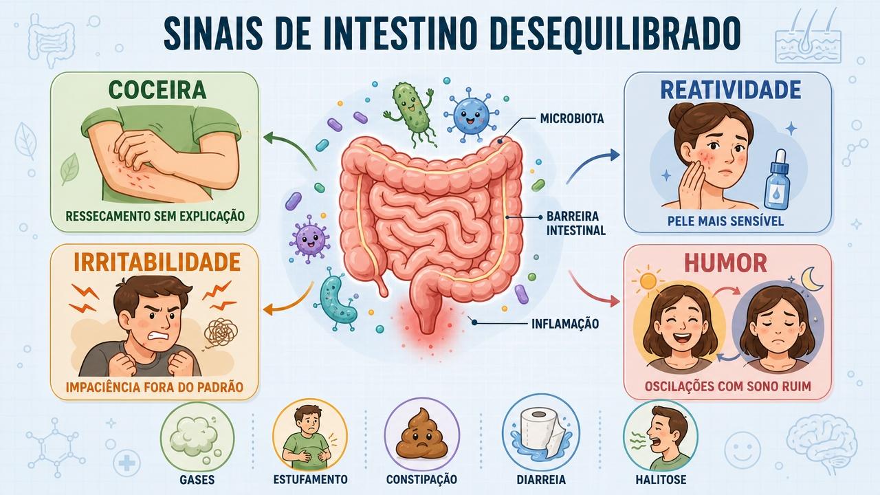 Quatro sinais pouco percebidos ligam intestino desequilibrado, pele sensível e humor.