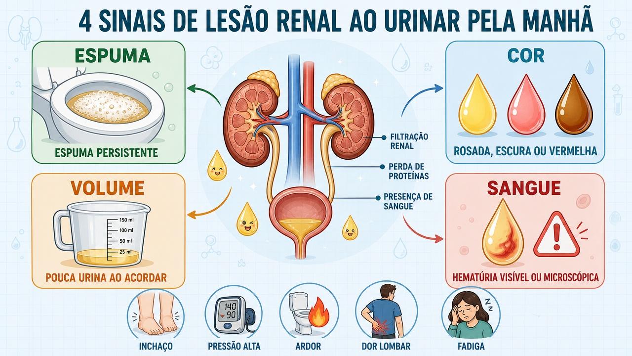 Infográfico resume espuma, cor, volume e sangue como alertas renais.