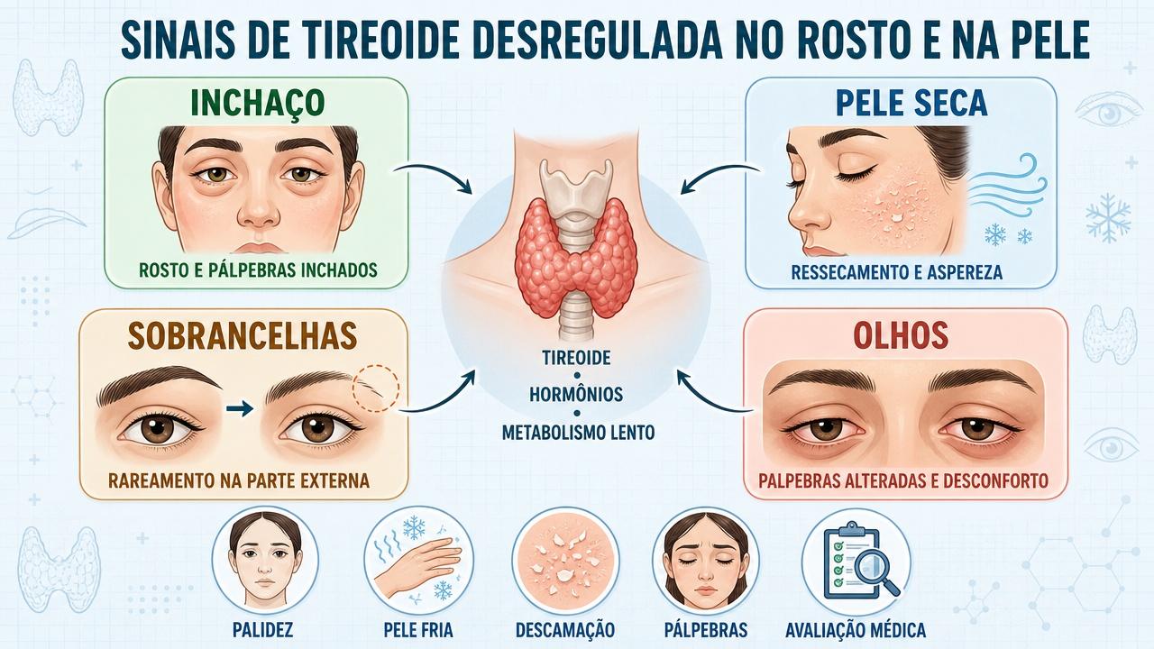 Infográfico resume quatro sinais visíveis de tireoide desregulada no rosto.