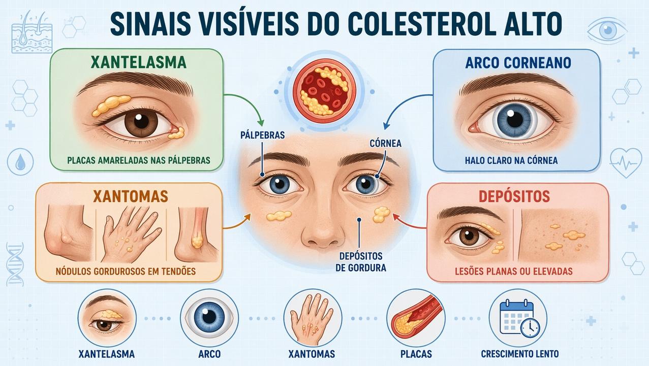 Infográfico resume os principais sinais visíveis do colesterol alto na pele.