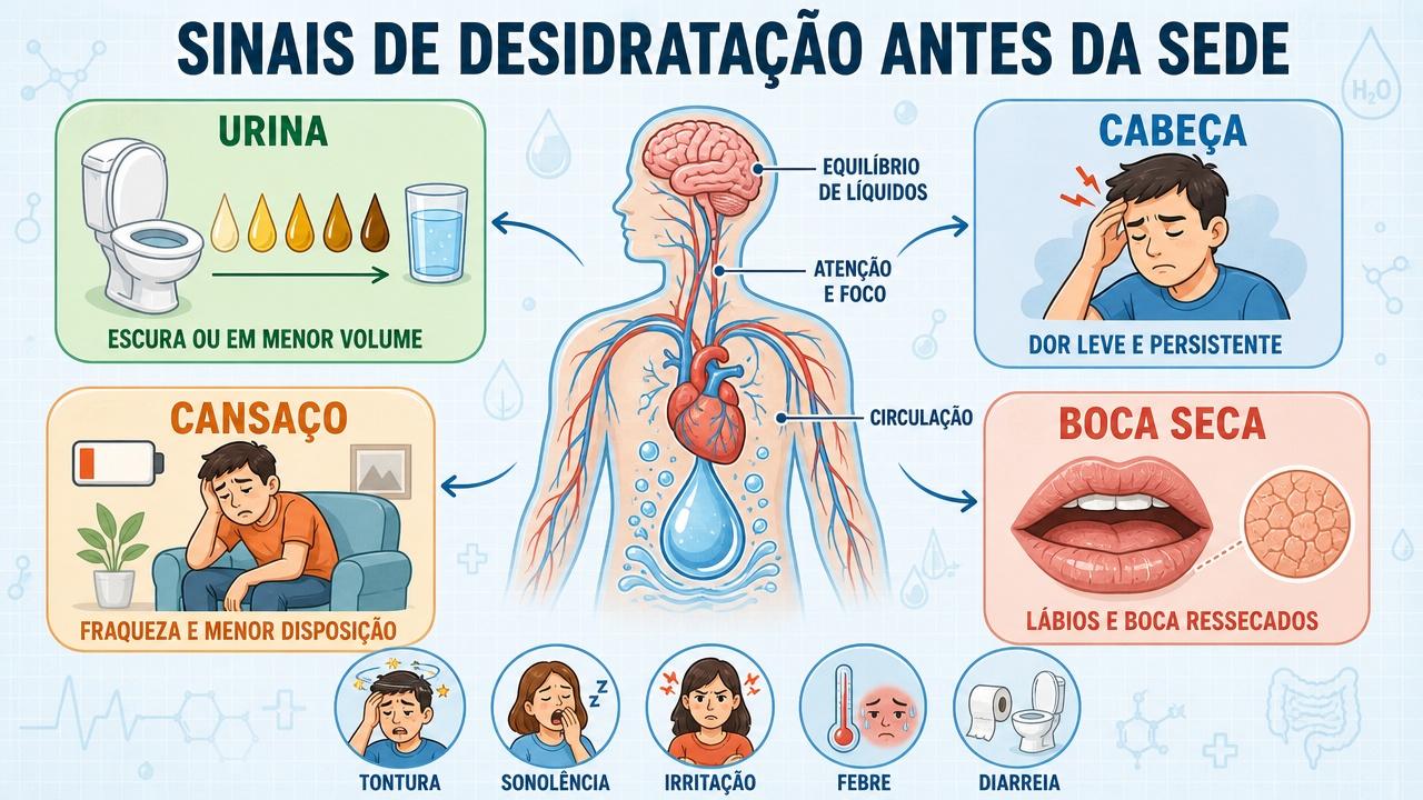 Urina escura, cansaço, dor de cabeça e boca seca exigem atenção.