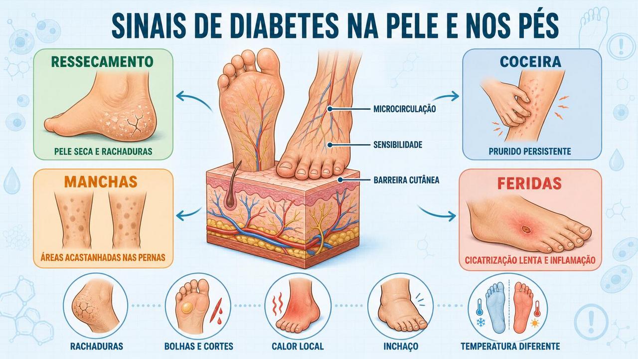 Infográfico resume sinais cutâneos e cuidados visuais com pele e pés.