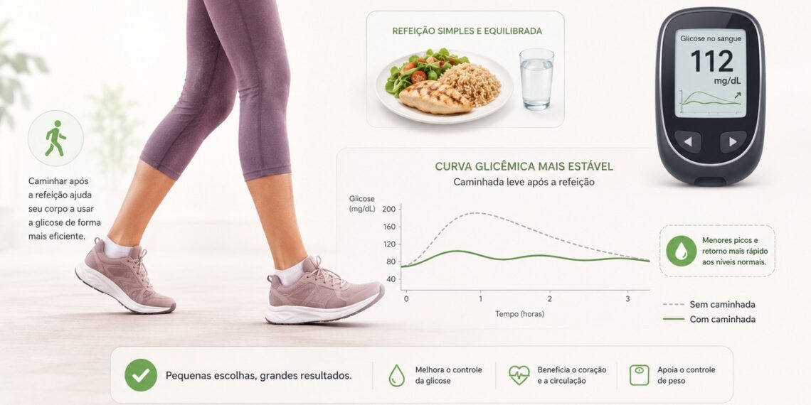 Caminhar 10 minutos após comer pode ajudar a reduzir o pico de glicose.