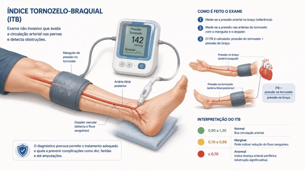 O índice tornozelo-braquial ajuda a investigar má circulação arterial nas pernas.