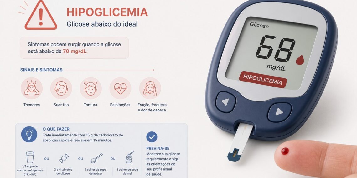 Glicose abaixo de 70 mg/dL pode indicar hipoglicemia e exigir ação rápida.