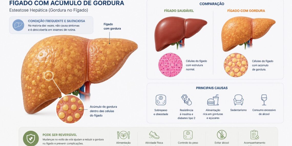 A gordura no fígado pode evoluir por anos sem causar sintomas evidentes.
