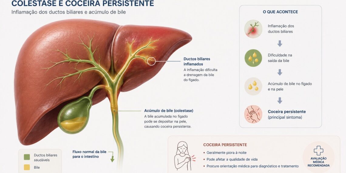 Alterações nos ductos biliares podem causar coceira persistente e cansaço.