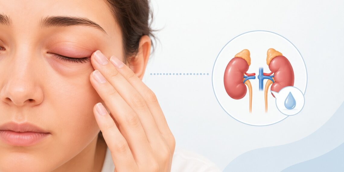 Pálpebras inchadas ao acordar podem acompanhar perda de proteína na urina.