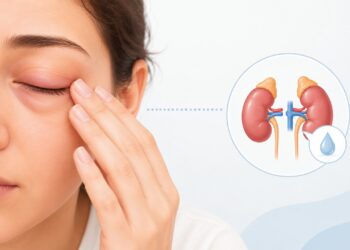 Pálpebras inchadas ao acordar podem acompanhar perda de proteína na urina.