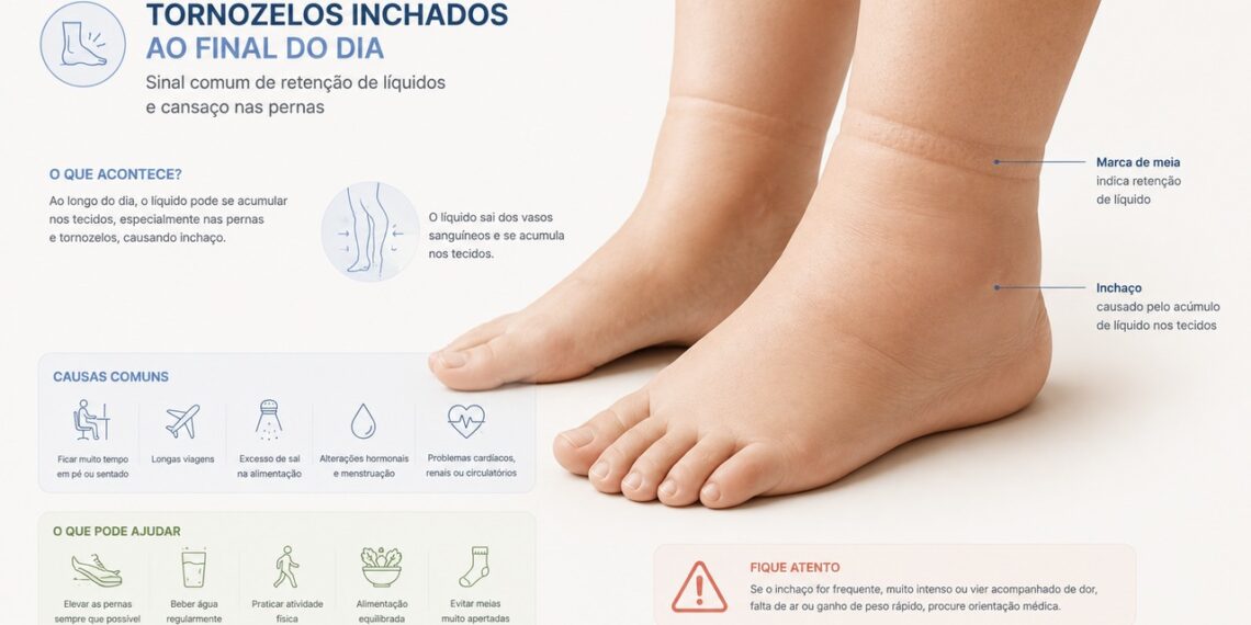 Tornozelos inchados com frequência podem indicar retenção de líquidos que precisa ser investigada.