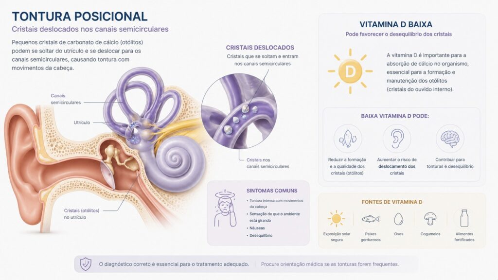 Vitamina D baixa pode ser investigada em casos de vertigem posicional recorrente.