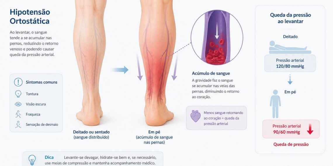 Ao ficar em pé, o sangue pode se deslocar para as pernas e causar tontura breve.