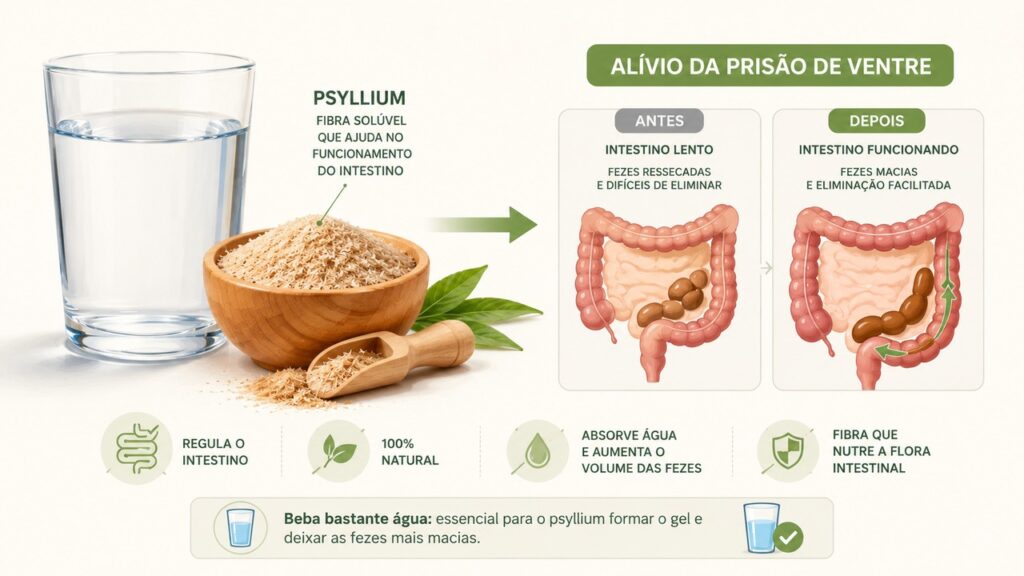 Psyllium e água podem ajudar na formação de fezes mais macias.