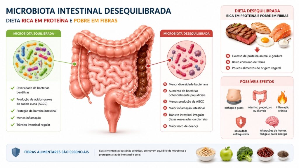 Muita proteína e pouca fibra podem prejudicar o equilíbrio da microbiota intestinal.