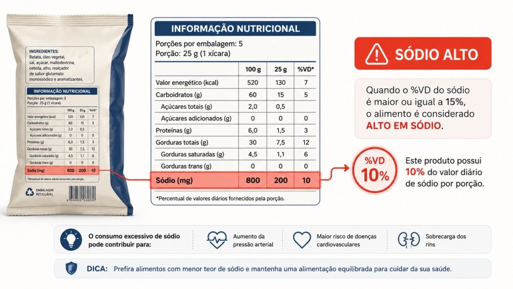 Ler rótulos ajuda a identificar sódio escondido em alimentos industrializados.