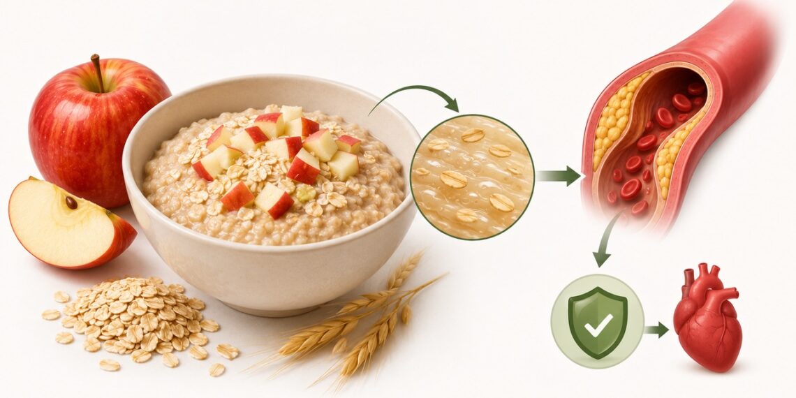 Aveia, frutas e leguminosas são fontes de fibra solúvel na dieta.