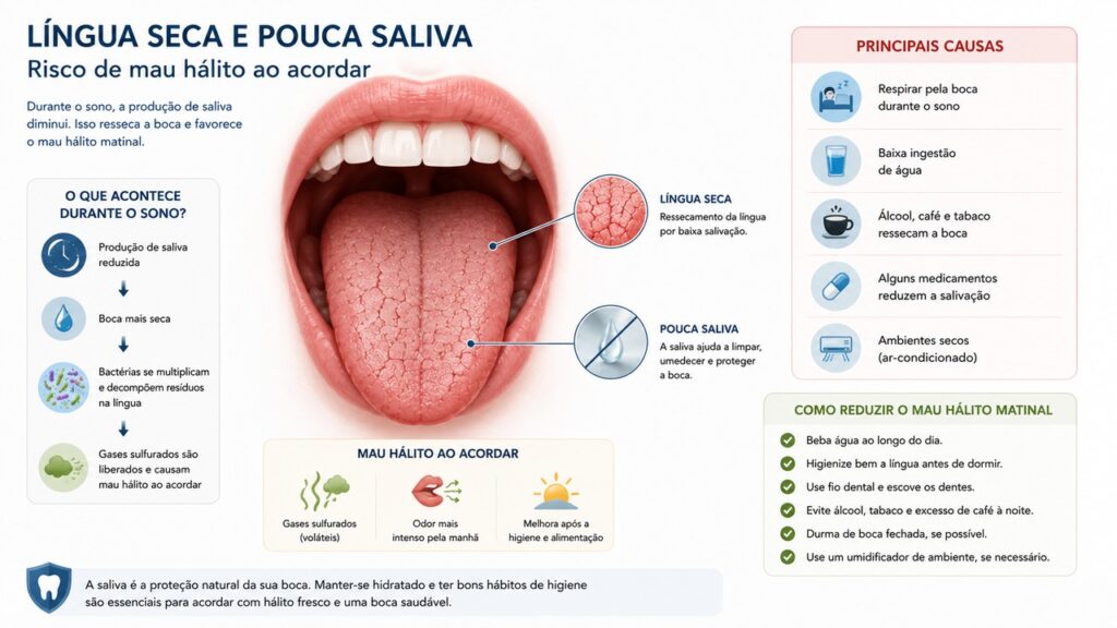 Boca seca frequente pode favorecer mau hálito, cáries e gengivite.