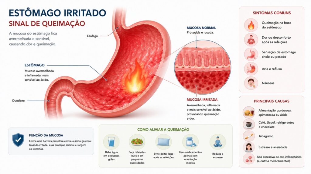 Gastrite pode causar queimação, dor e sensação de estômago cheio.