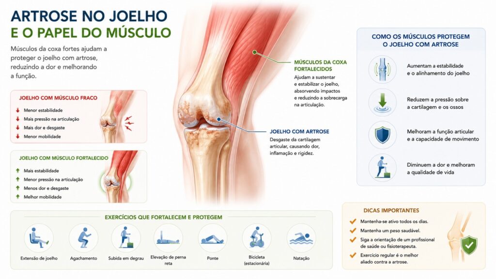 Fortalecer a musculatura pode ajudar a aliviar sintomas da artrose no joelho.