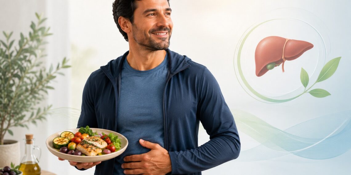 Dieta mediterrânea e exercício regular podem apoiar o cuidado com o fígado gorduroso.