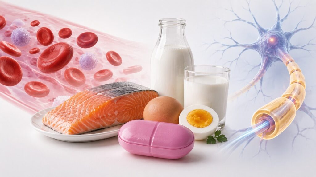 Vitamina B12 participa da formação do sangue e do funcionamento dos nervos.