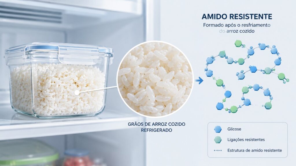 O resfriamento do arroz favorece a formação de amido resistente.