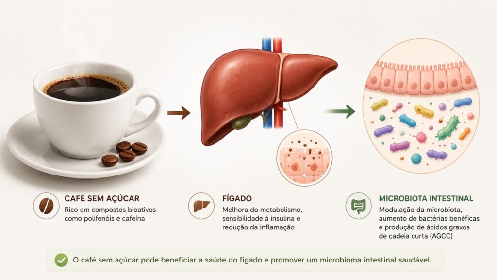 O estudo relacionou café sem açúcar, fígado e marcadores da microbiota intestinal.