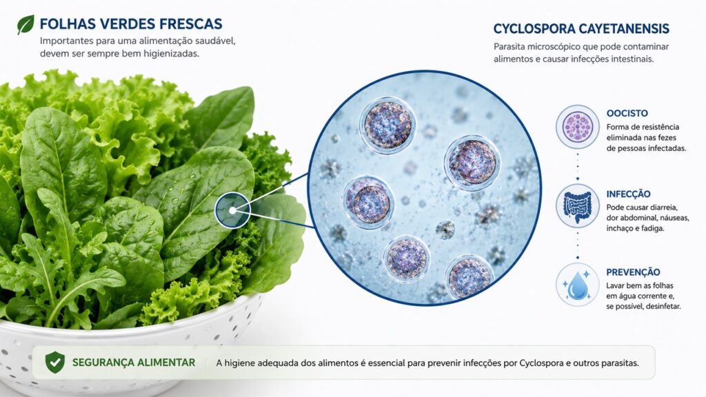 Cyclospora pode contaminar alimentos crus e causar diarreia prolongada.