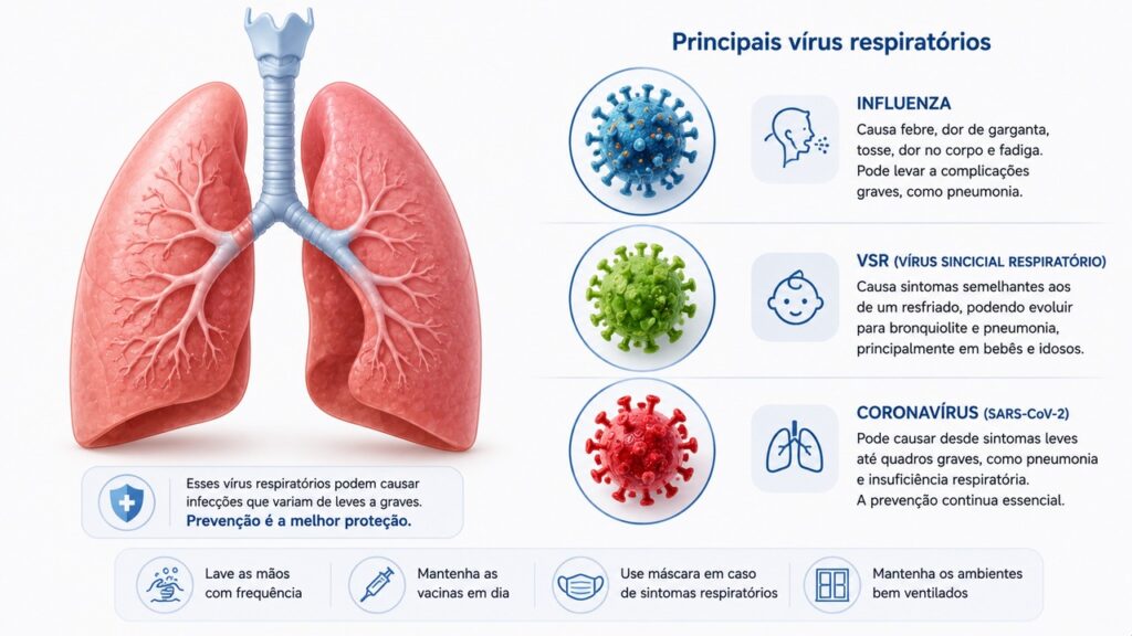 Gripe, VSR e COVID-19 podem causar sintomas parecidos, mas exigem cuidados diferentes.