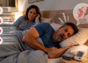 Ronco frequente pode ser sinal de apneia do sono e risco cardiovascular oculto.