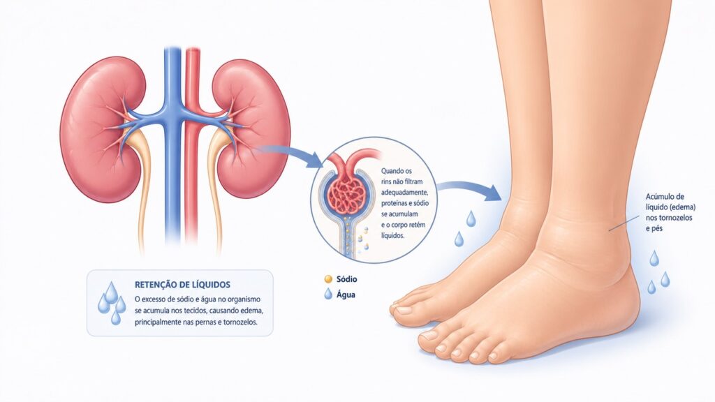 O edema renal pode surgir quando há dificuldade para eliminar líquidos e sal.