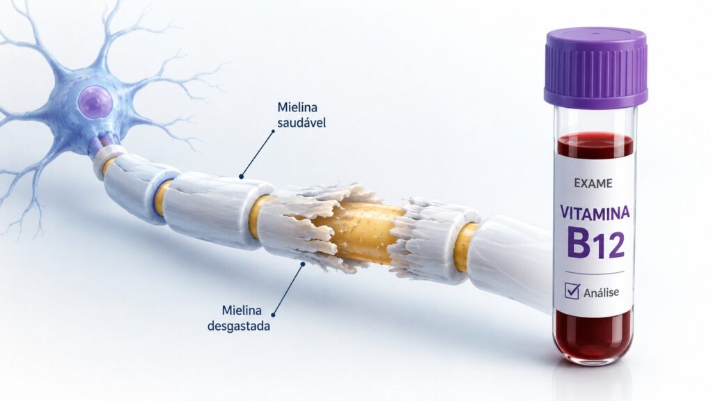 A vitamina B12 participa da proteção dos nervos e da manutenção da mielina.