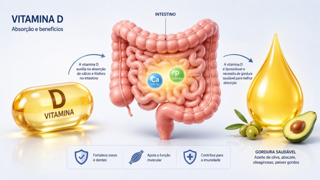 A absorção da vitamina D pode depender do intestino e da presença de gordura na refeição.