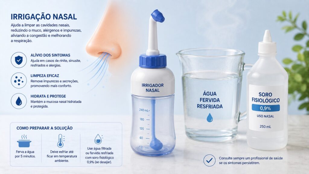 Água estéril, destilada ou fervida e resfriada torna a lavagem nasal mais segura.