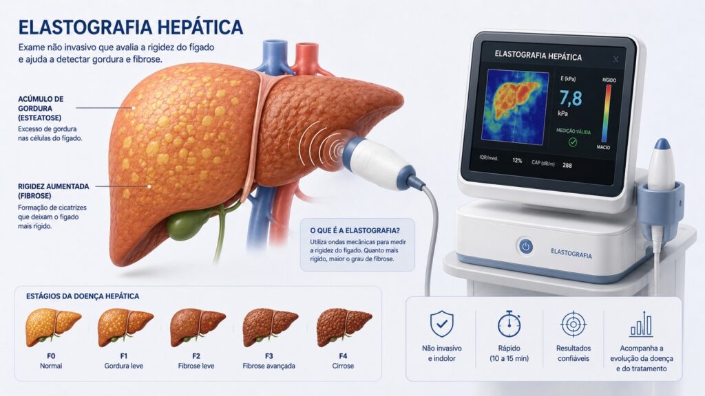 A elastografia hepática ajuda a estimar a rigidez do fígado e sinais de fibrose.