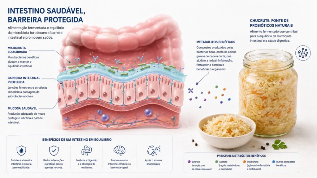 Metabólitos do repolho fermentado podem atuar na proteção da barreira intestinal.