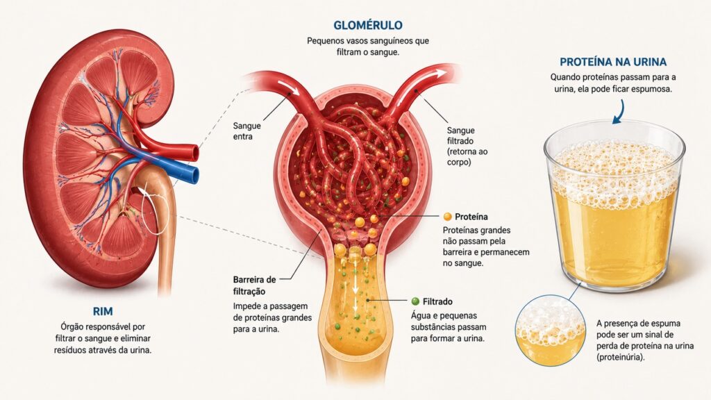 A proteinúria acontece quando proteínas escapam pelos filtros dos rins.