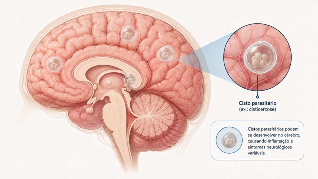A neurocisticercose ocorre quando larvas da tênia formam cistos no cérebro.