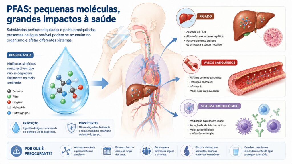 Pesquisas investigam os efeitos dos PFAS sobre colesterol, fígado e imunidade.