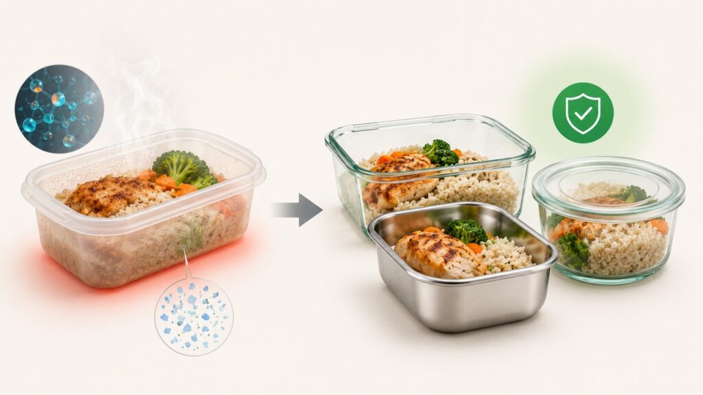 Preferir vidro, inox ou cerâmica para alimentos quentes pode reduzir a exposição a microplásticos.