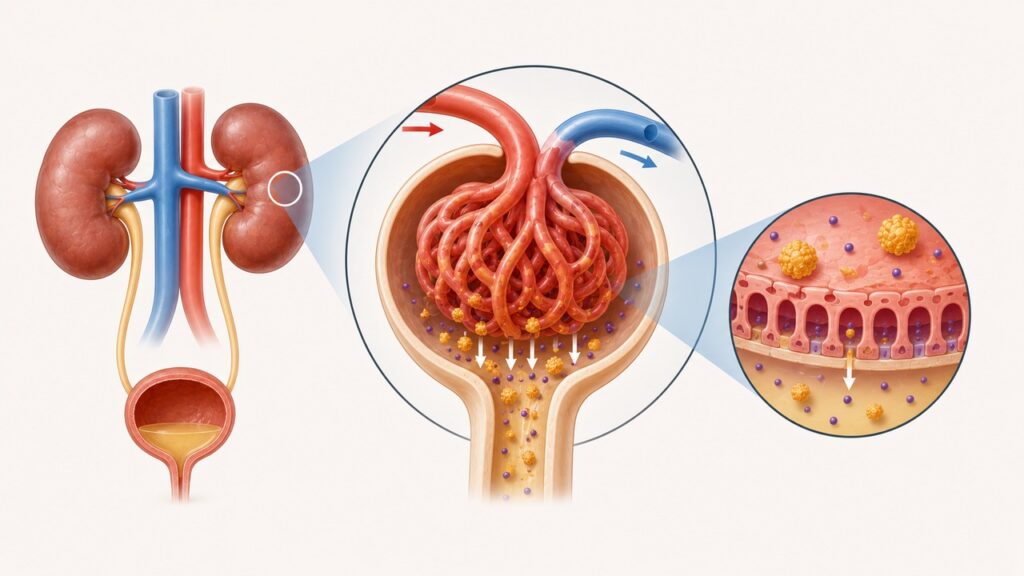 A perda de proteína pela urina pode causar espuma persistente e merece avaliação médica.