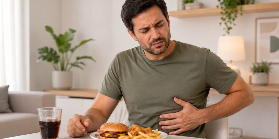 Dor do lado direito da barriga após comida gordurosa pode indicar cálculo biliar.