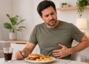 Dor do lado direito da barriga após comida gordurosa pode indicar cálculo biliar.