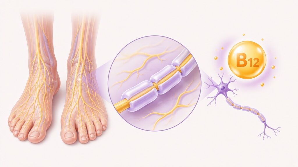 A vitamina B12 ajuda a manter a proteção dos nervos e a sensibilidade dos pés.