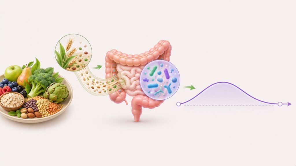 As fibras retardam a absorção da glicose e servem de alimento para a microbiota.